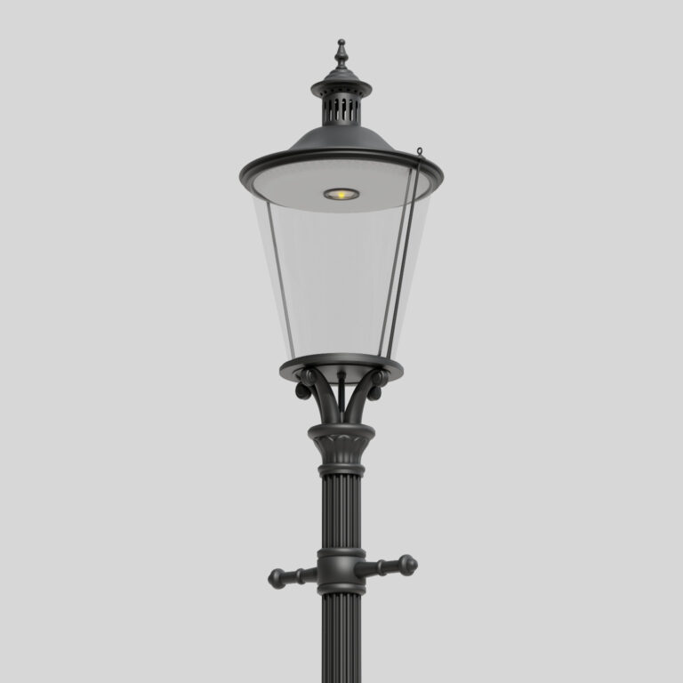 Farola clásica negra A1B/03L con visera y carcasa transparente, con una única fuente de luz LED visible en el interior.