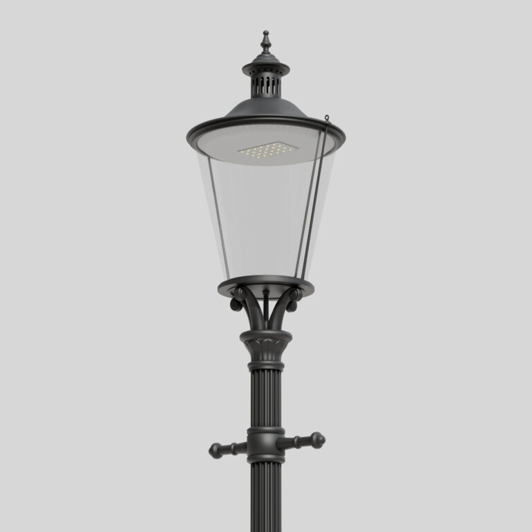 Farola clásica negra A1B/03L con visera y carcasa transparente, con una única fuente de luz LED visible en el interior.