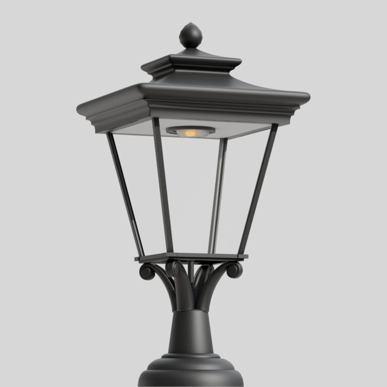 Linterna callejera clásica negra con techo a cuatro aguas y carcasa de cristal, con una única fuente de luz LED visible en el interior.