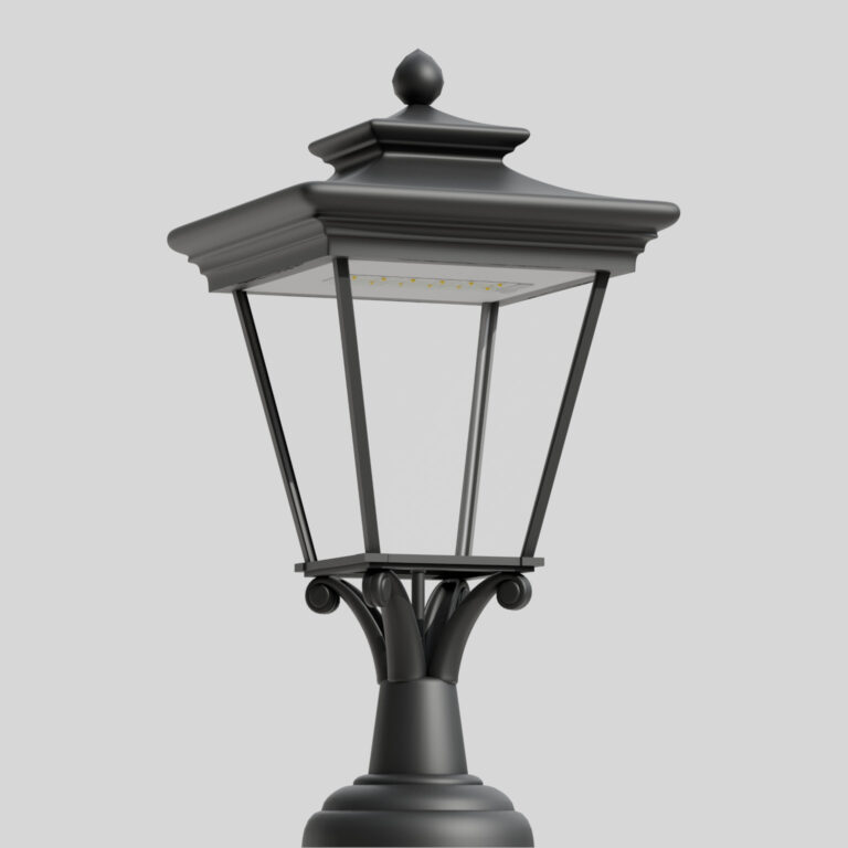 Farola decorativa modelo 10 Opal C con elementos decorativos en la corona y brazos de estilo retro, equipada con una moderna fuente de luz LED. Vista desde abajo sobre un fondo gris claro.