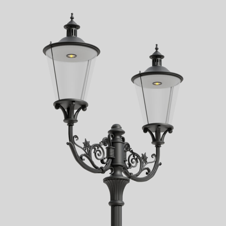 Render de la farola de dos brazos B2N/03, fabricada en fundición de aluminio, con elementos decorativos y pantallas en forma de cono truncado de vidrio transparente. Fuentes de luz LED situadas en el centro, bajo la cubierta.