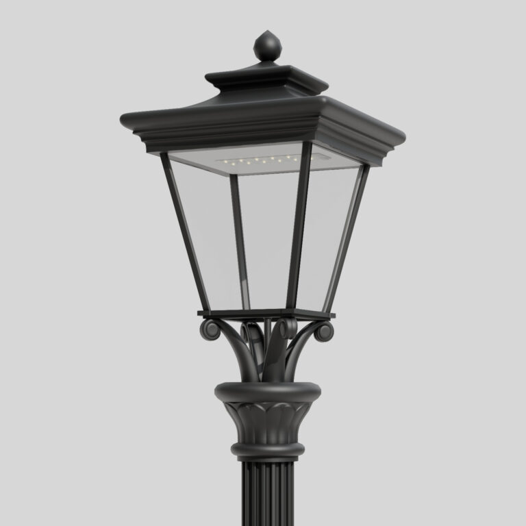 Farola clásica negra A6/22M con techo a cuatro aguas y carcasa transparente, con una única fuente de luz LED visible.